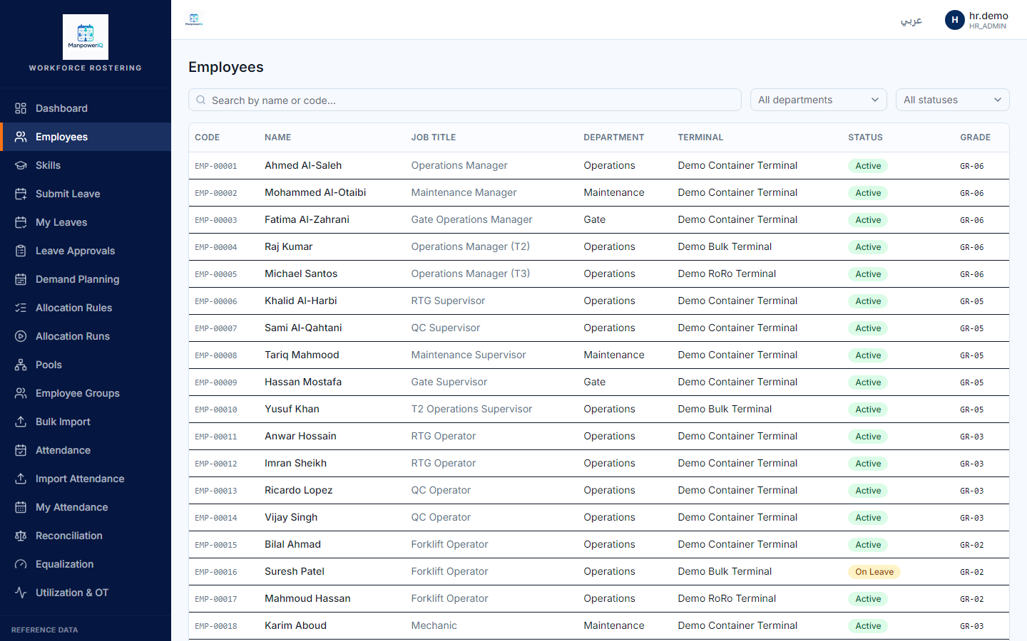 The employee list (e.g. EMP-00001 Ahmed Al-Saleh). Employees are import-only — there is no in-app create/edit form.